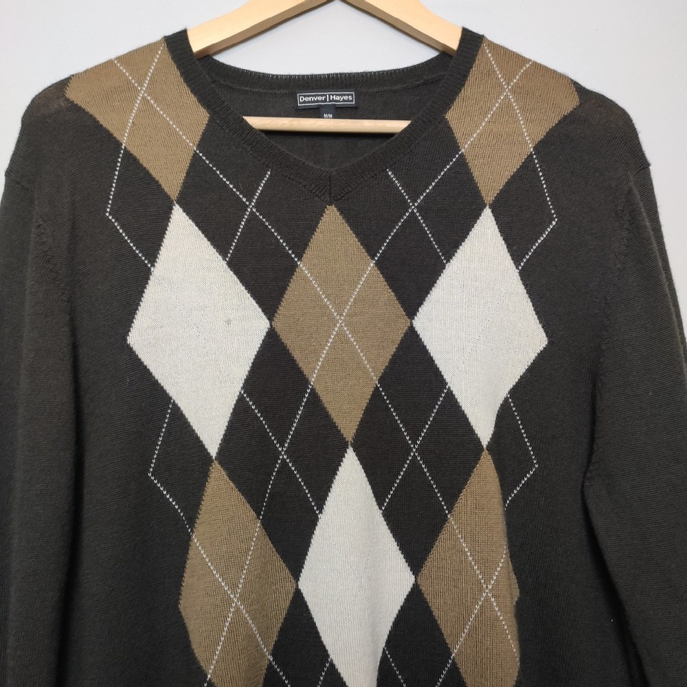 Denver Hayes Argyle Diamond V-Neck Knit Sweater Charcoal Brown Tan Size Medium - Picture 2 of 11
